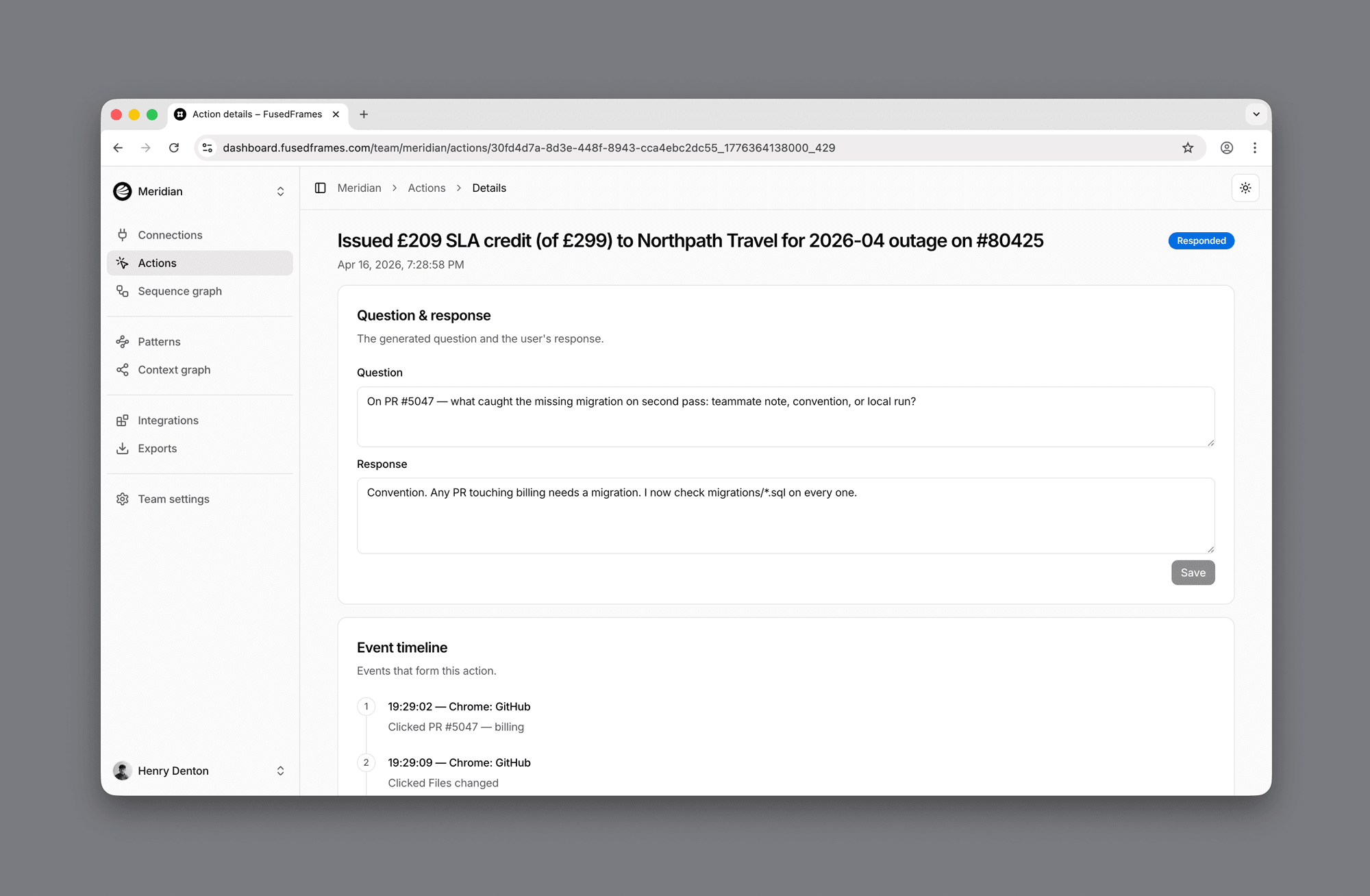 Action detail page in the FusedFrames dashboard showing the AI-generated question and the user's reasoning response above an event timeline of clicks and keystrokes.