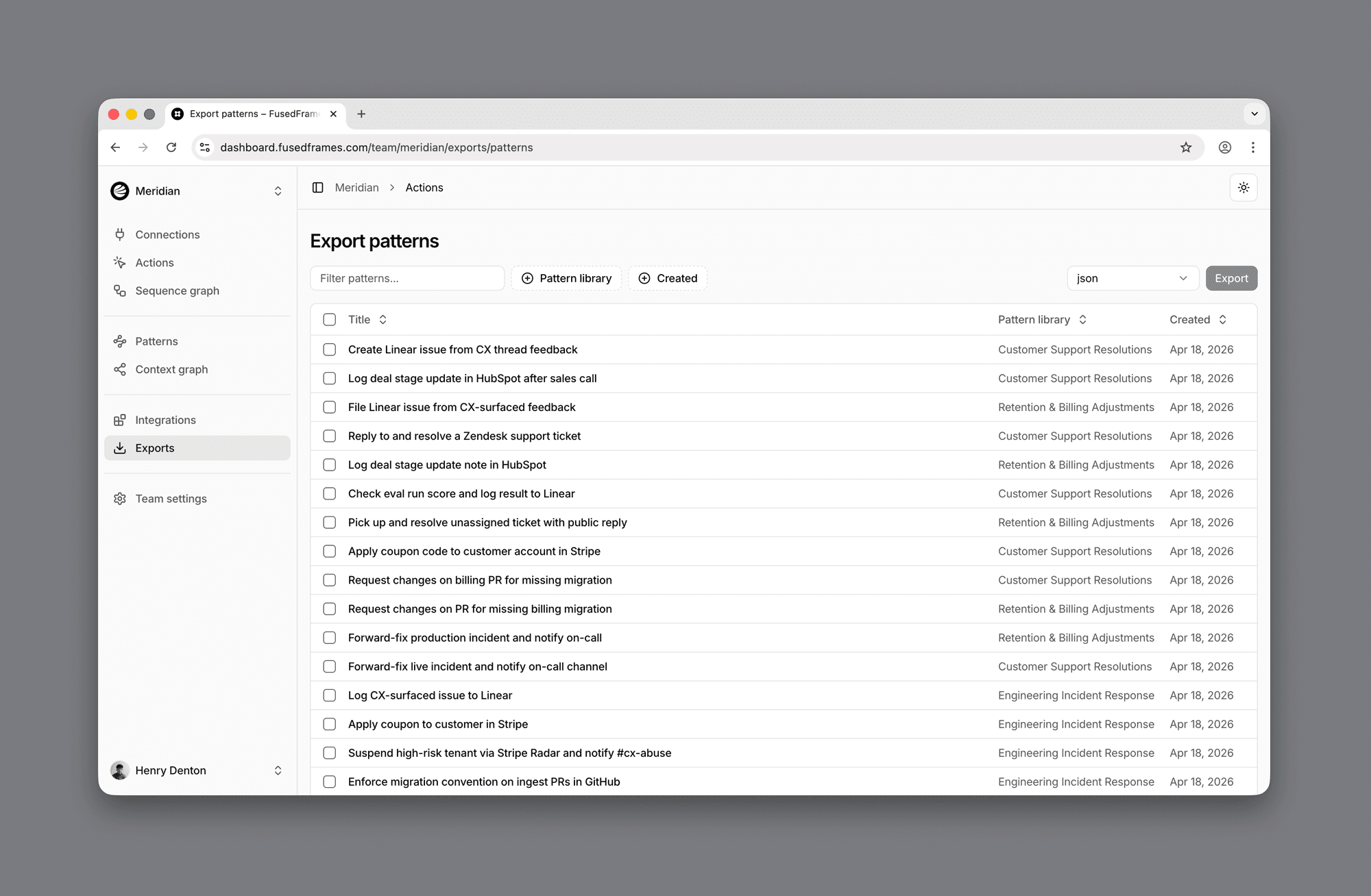 Export patterns page in the FusedFrames dashboard with a sortable table of patterns across multiple libraries and a format dropdown set to JSON next to an Export button.