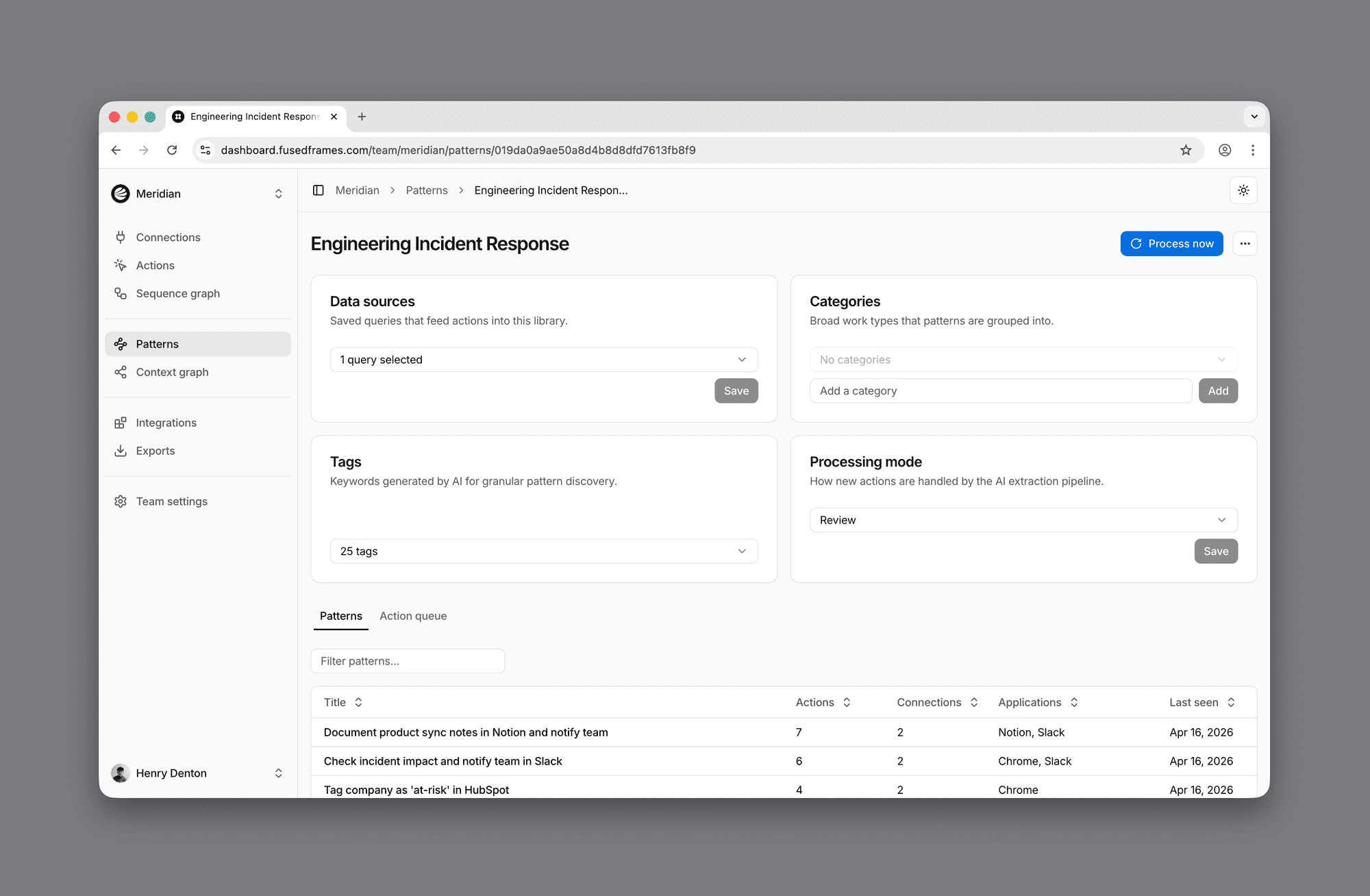 Pattern library detail page in the FusedFrames dashboard with configuration cards for data sources, categories, tags and processing mode above a sortable table of patterns.